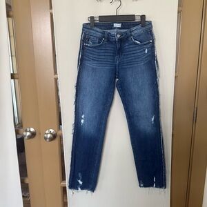 KanCan Women’s 7/27 Blue Medium Wash Distressed Seam Straight Leg Jean